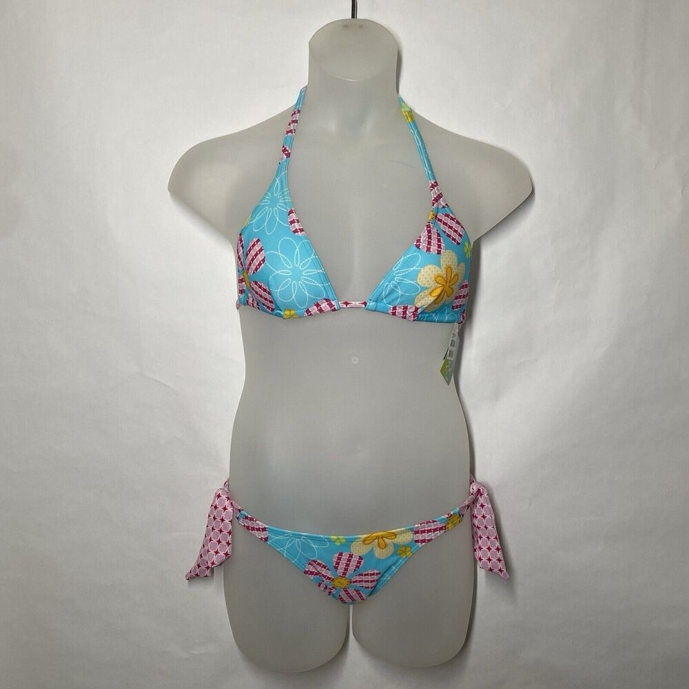 AGUA DOCE Brazilian 2-pc Bikini Size M Floral Houndstooth Blue Stretch Hip Ties